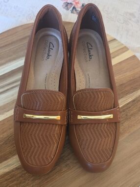 Clarks Brown Leather Loafers with Gold Accent